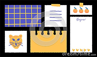 Illustration of paper notes with stickers. Hand drawn reminders, to do list, planner Vector Illustration